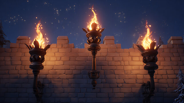 Three torches on a castle wall at night with flames burning brightly