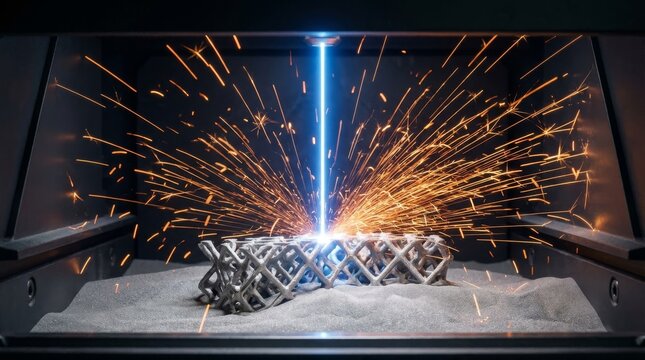 Laser Melting Titanium Powder in Industrial Metal 3D Printer. Represents additive manufacturing, aerospace engineering, and Industry 4.0.