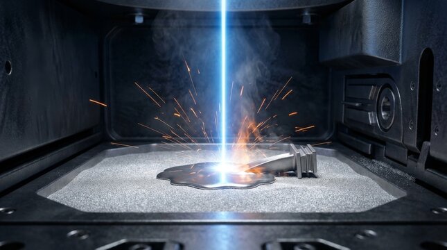Laser Melting Titanium Powder in Industrial Metal 3D Printer. Represents additive manufacturing, aerospace engineering, and Industry 4.0.