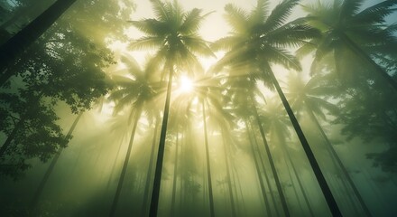 Sunlight streams through tall, misty palm trees, creating a hazy, ethereal forest scene