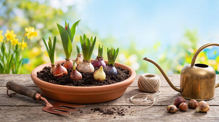 Spring flower bulbs with green shoots planted in a terracotta pot on a rustic wooden table with...