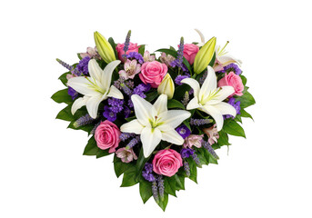 Fototapeta premium A vibrant heart shaped arrangement of lilies roses and lavender on transparent background