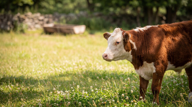 Peaceful Hereford cow enjoying a sunny afternoon in a vibrant green rural pasture with wildflowers, a photograph.