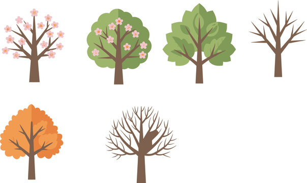 Four Seasons Tree Illustrations, Spring, Summer, Autumn, Winter