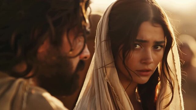 Cinematic close-up of Mary Magdalene listening intently to Jesus Christ, depicting biblical teachings and spiritual conversation after the resurrection.