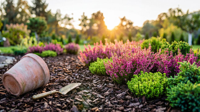A serene garden landscape with colorful heather plants, a fallen pot, and a trowel at sunset.
