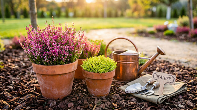 Beautiful potted heather plants and essential gardening tools illuminated by warm golden hour sunlight.