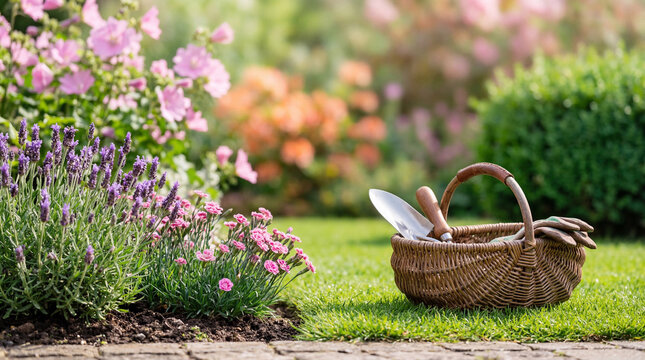 A vibrant photograph capturing a wicker gardening basket filled with essential tools.