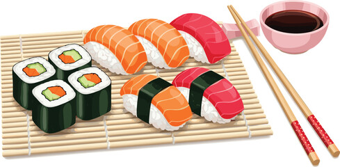 Japanese sushi set with salmon tuna nigiri maki rolls soy sauce and chopsticks on bamboo mat vector illustration © EdGe Creative