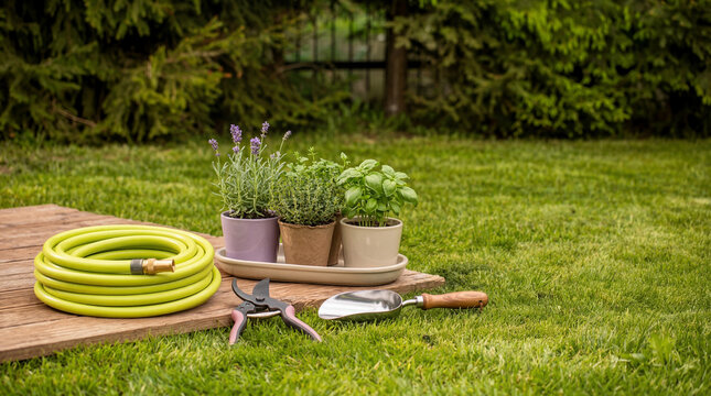 Essential gardening supplies including a coiled hose, pruning shears, and potted herbs, set on a wooden board.