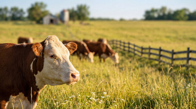 Close-up of a gentle Hereford cow in golden morning light amidst tall grass, other cattle grazing nearby, a photograph.