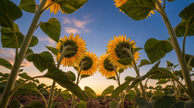 Backs of majestic sunflowers turn towards the warm setting sun.