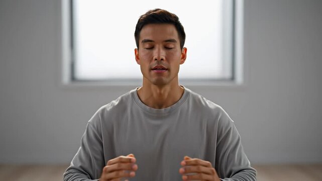 Portrait of a serene man meditating indoors with natural light and calm expression