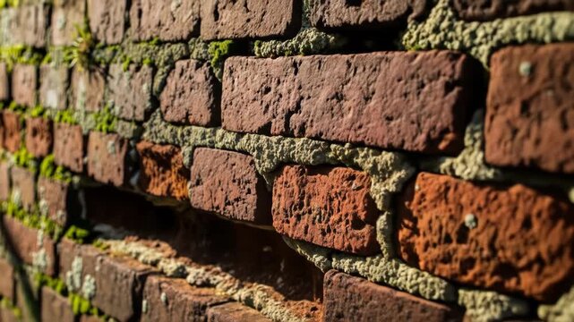A close-up of a weathered brick wall with moss growing between the bricks