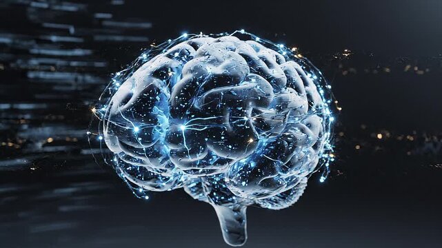 Glowing blue digital brain with neural network connections on a dark background with light streaks.