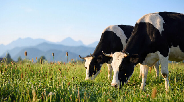 Close-up photograph of two horned Holstein-Friesian cows diligently grazing in a sunlit, vibrant green pasture.