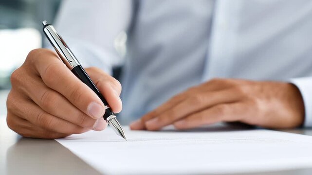 Close-Up of a Man's Hand Writing on a Paper Document with a Ballpoint Pen, Representing Contract Signing, Business Agreement, and Legal Formality