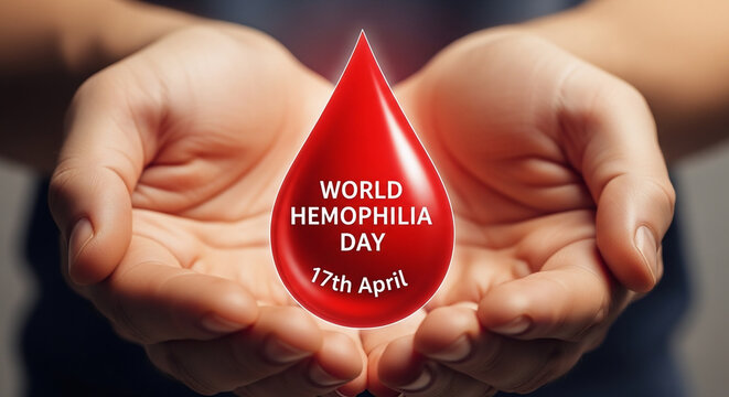 Hands holding a red drop with world hemophilia day text