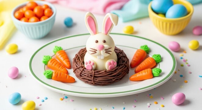 Happy easter dessert adorable bunny cake on a plate with carrots and eggs