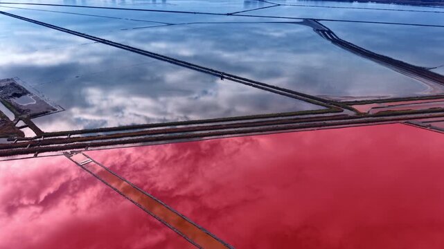 Flight above the salterns reflecting cloudy sky. Special ponds with pink water used for salt production.