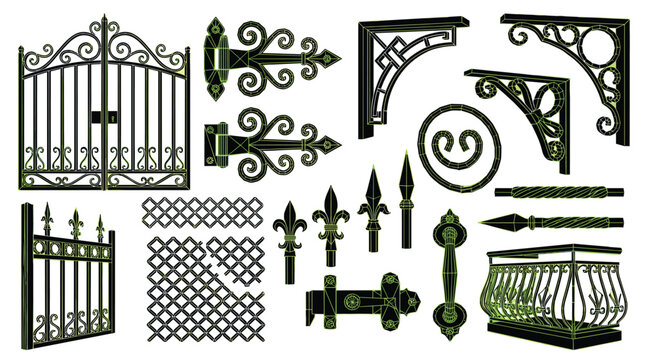 A detailed set of black wrought iron elements, including gates, fences, hinges, and brackets, is shown with a green wireframe effect on a white background.