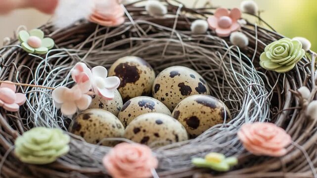 A hand holds a twig nest with quail eggs and decorative flowers
