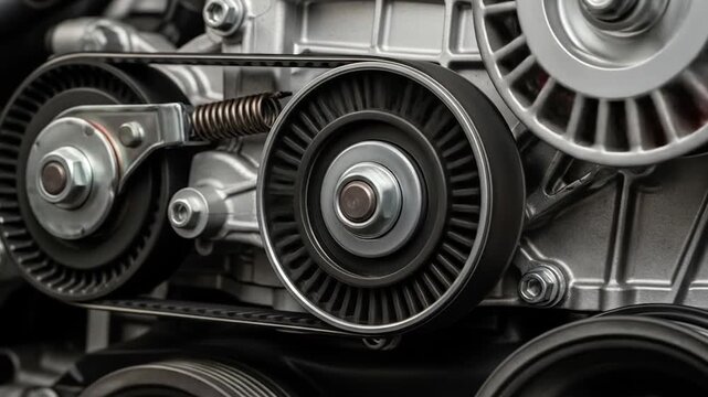 Industrial engine belt system closeup.