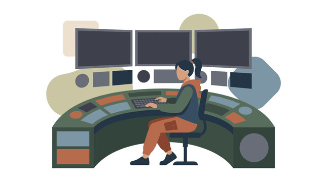 A female operator sits at a curved console with multiple screens, working in a high-tech control room or monitoring station.