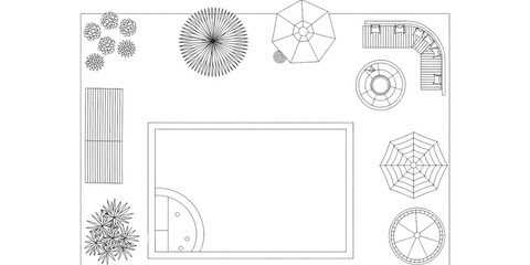 Architectural top view floor plan of a modern backyard design with swimming pool and lounge area Vector © MDSOPON
