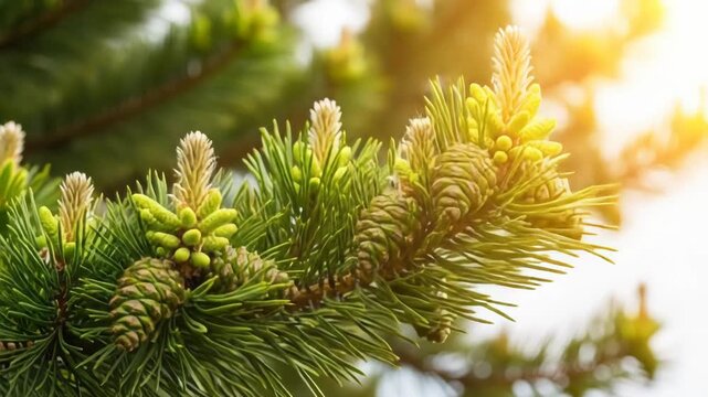 A close-up photograph of a pine tree branch with green needles and small cones