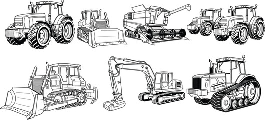 Obraz premium Heavy construction machinery vector illustration set, tractor bulldozer excavator combine harvester and industrial vehicles for agriculture engineering and building industry