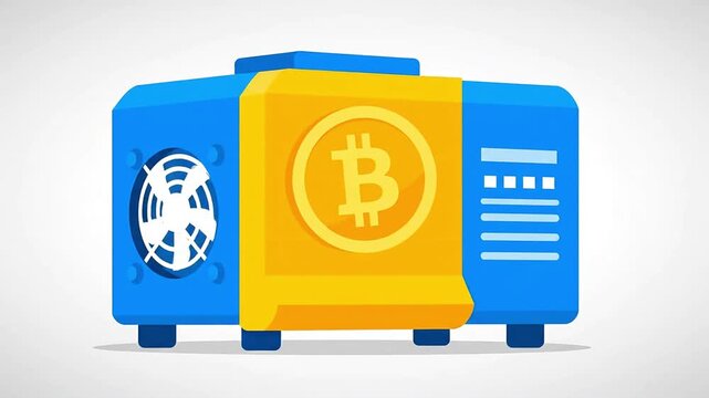 a blue and yellow bitcoin mining rig with a cooling fan illustrating cryptocurrency processing and blockchain technology