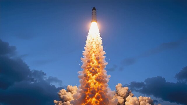 Intercontinental ballistic missile launching from underground silo at dusk. Strategic defense system test with massive smoke and fire. Lockdown wide shot.