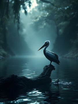 Pelican standing on log in misty forest