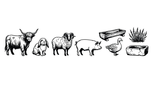 A set of eight hand-drawn farm animals and objects, including a cow, pig, and troughs, is shown in a black and white sketch style.