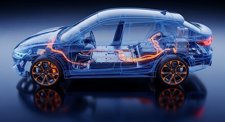Naklejka premium Transparent side view illustration of a car revealing its internal systems and orange wiring