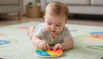 Baby playing with colorful popit toy on playmat indoors infant play indoor child toddler rainbow fun learning