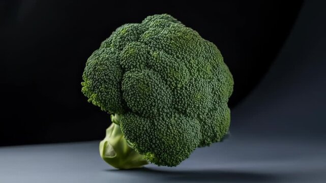 A vibrant green broccoli crown standing upright on a gray surface with a dark background