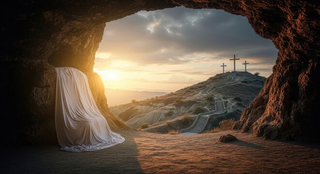 Easter sunrise jesus christ emerges from the tomb on a happy easter morning