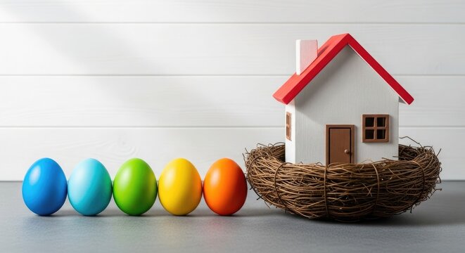 Happy easter home and eggs in a basket