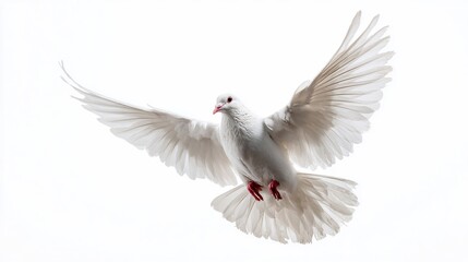 Fototapeta premium White dove in mid-flight, wings spread, against a bright white background