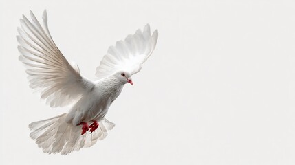 Obraz premium White dove soars in flight with spread wings, on a clean light background