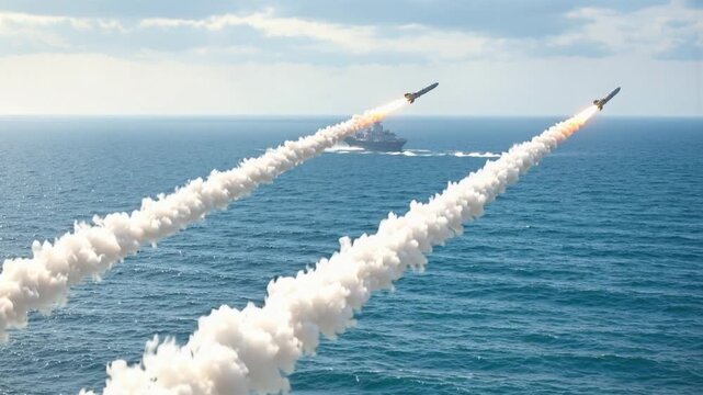 Anti-ship missiles launching from coastal battery toward naval vessel. Military defense exercise with surface-to-air projectiles over ocean. Tilting and panning camera movement.