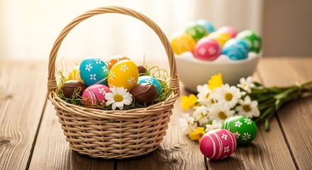 Fototapeta premium Colorful easter eggs in a wicker basket on a wooden table with flowers and a bowl of eggs