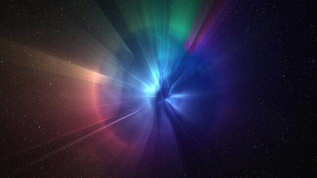 Abstract multicolor glow sphere with rays, science background. Bizzard planet structure in space, 4k