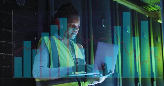 Woman tech typing on laptop in server racks, activating translucent overlay monitoring performance