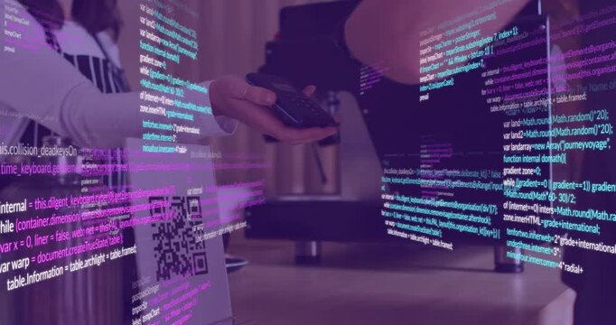 Vertical video: Barista holding POS as woman tapping device to pay, AR code floating across counter