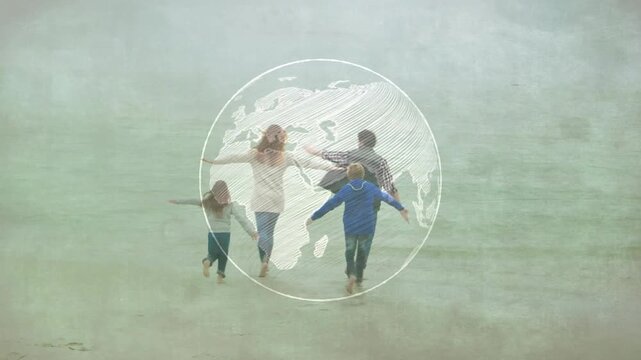 Vertical video: Family of four running toward water, globe appearing and framing group for travel