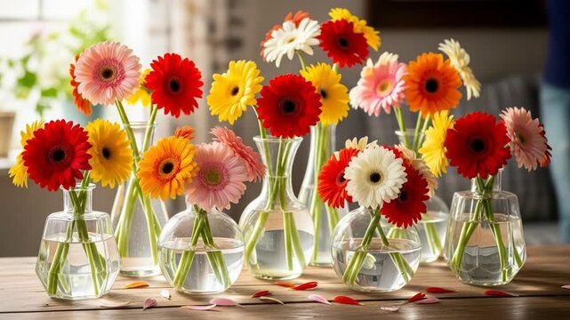 A collection of colorful flowers in clear glass vases on a wooden table
