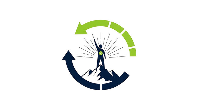 Inspiring person on mountain with success cycle icon